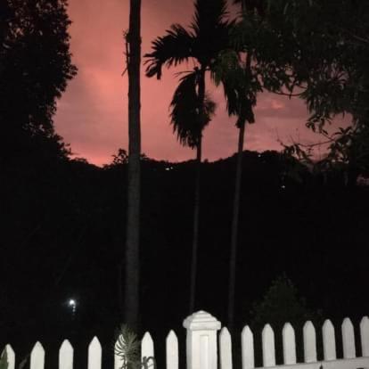 a white fence with palm trees and a sunset at Villa25 Homestay free pick up from the centre in Kandy