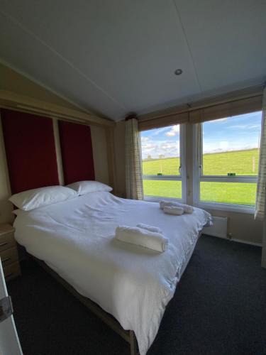 a bedroom with a large bed with a large window at East kitcham lodge in Launceston