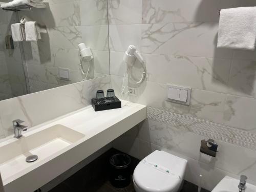 ein Badezimmer mit einem Waschbecken, einem WC und einem Spiegel in der Unterkunft HotelLuxuryPrato in Prato