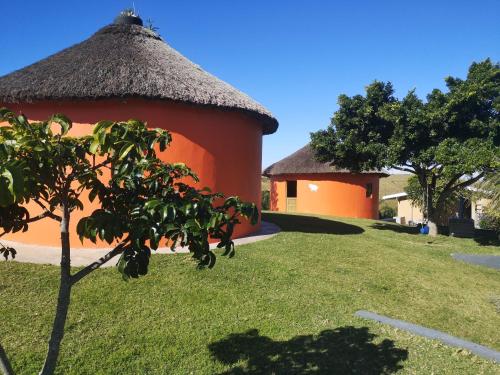 an orange building with a tree in front of it at Sheep and Stars in Coffee Bay
