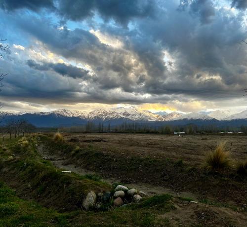 a dirt road in a field with mountains in the background at Namakai.tinyhouse, minimalism in a magic place in Los Árboles