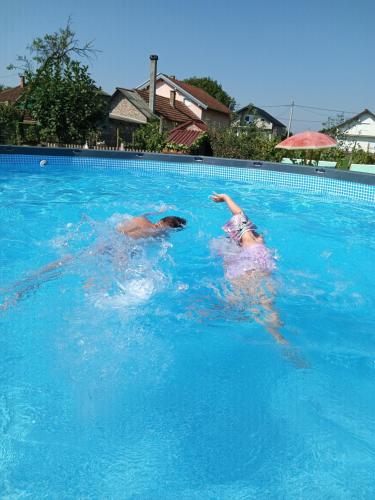 twee mensen zwemmen in een zwembad bij Apartments Bakine Čarolije in Karanac