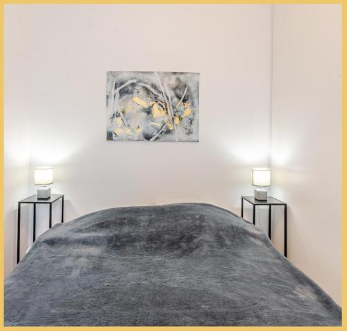 1 dormitorio con 1 cama con 2 lámparas a ambos lados en Appartement T2 Vue Lac Léman Evian les Bains en Évian-les-Bains