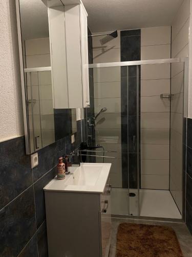 a bathroom with a sink and a shower at Ferienwohnung Deti in Loßburg