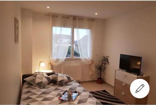 une chambre avec un lit, une télévision et une fenêtre dans l'établissement STUDIOS NEUFS ET AGRÉABLES, à Bonneuil-sur-Marne