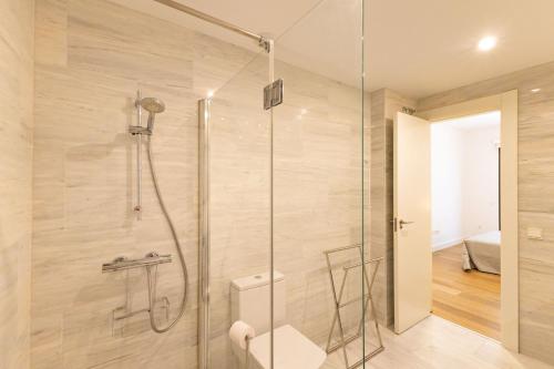 bagno con doccia in vetro e servizi igienici di Cathedral Apartment Welcome wheelchairs 6 pax a Siviglia