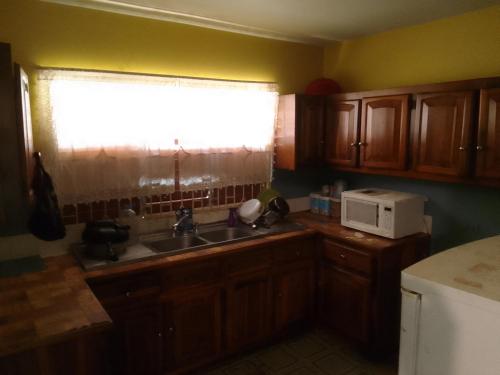 a kitchen with a sink and a window with a microwave at R reasonable Air BNB. in Montego Bay