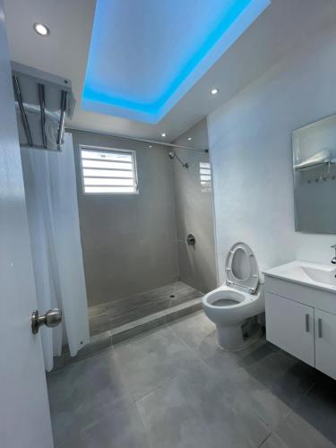 a bathroom with a toilet and a blue ceiling at 1058 Modern Hotel in San Juan