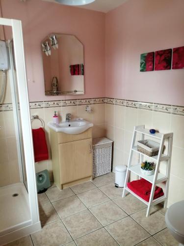 a bathroom with a sink and a mirror and a shelf at Lynn's Lodge, International Airport 15mins in Randalstown