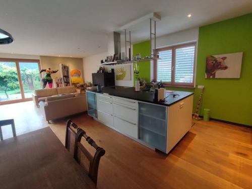 kuchnia z zielonymi ścianami i salon w obiekcie Loft mit Kamin und Whirlpool w mieście Lustenau
