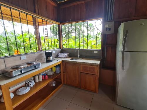 a kitchen with a refrigerator and a sink and some windows at Cabin in La Fortuna : Ceiba Eco Container in Fortuna