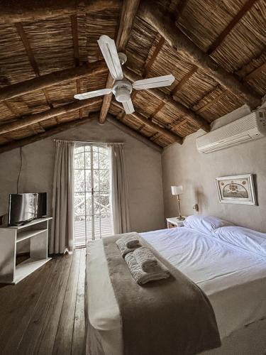 een slaapkamer met een plafondventilator en een bed bij don isidro duplex in La Paz