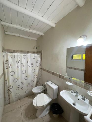 y baño con aseo, lavabo y espejo. en don isidro duplex en La Paz