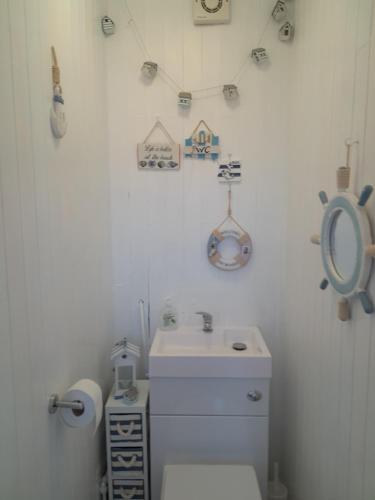a bathroom with a sink and a toilet and a mirror at B8 lovely chalet in Mablethorpe