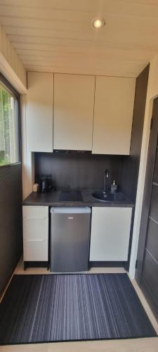 a small kitchen with white cabinets and a sink at Puhkemaja metsa sees in Urvaste