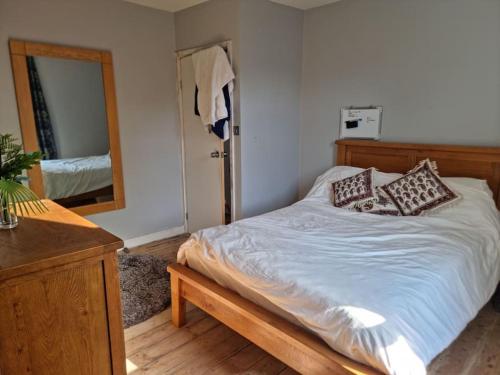 een slaapkamer met een bed met een spiegel en een dressoir bij Stylish-Brockley-Entire Place in Londen