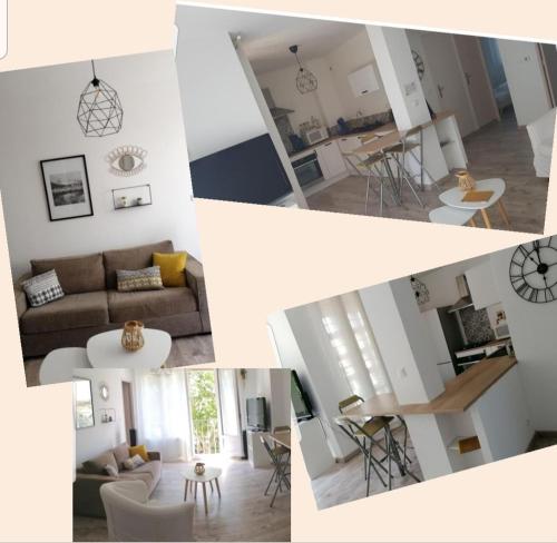 un collage de fotos de una sala de estar y una cocina en Joli trois chambres première ceinture Avignon en Aviñón