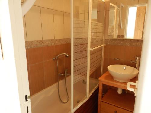 une salle de bain avec douche et lavabo dans l'établissement Grand studio au centre station avec balcon et WiFi - FR-1-634-40, à Avoriaz
