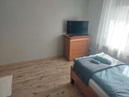 Dormitorio con cama y tocador con TV en Jani vendégház, en Balatonfüred