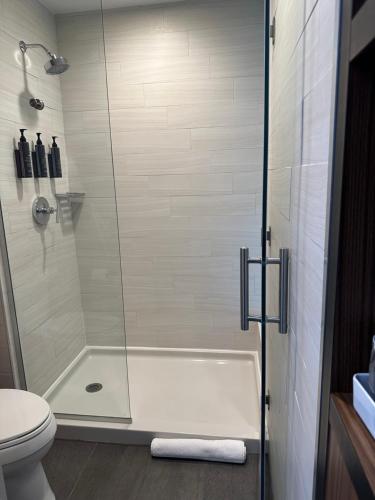 a shower with a glass door next to a toilet at Aloft Austin Northwest in Austin