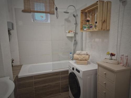 戈爾亞泰托的住宿－Mountain Home - Galyatető，浴室配有洗衣机和浴缸。