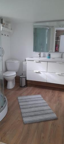 a bathroom with a sink and a toilet and a mirror at Country Dream - Langholt 2 in Selfoss