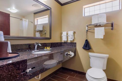 a bathroom with a toilet and a sink and a mirror at Best Western Plus Classic Inn and Suites in Center