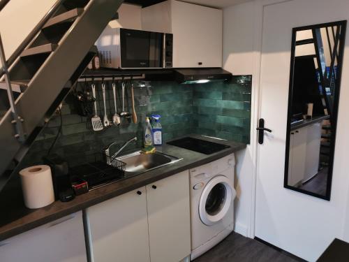 eine Küche mit Spüle und Waschmaschine in der Unterkunft Studio mezzanine Lyon in Villeurbanne