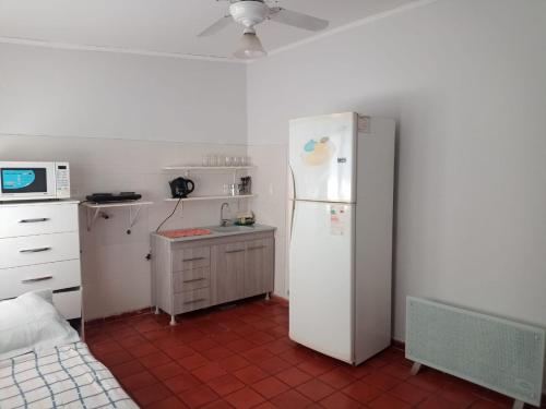 cocina con refrigerador blanca y microondas en Hospedaje de Lili en Salta