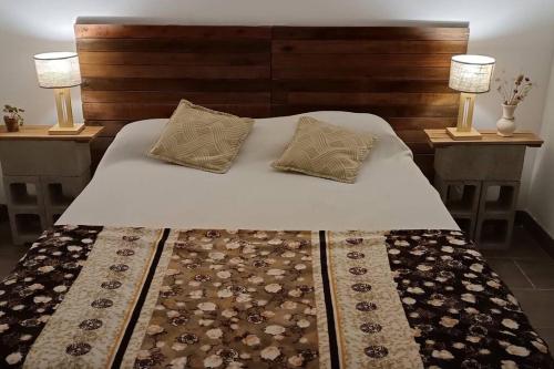 1 cama con 2 lámparas y 2 almohadas en Quinta Parque Sakura Exaltación de la cruz en Pavón