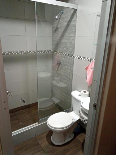 uma casa de banho com um WC, um chuveiro e um lavatório. em Apartamentos ARCEMIR em Ayacucho