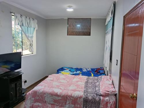 Apartamentos ARCEMIR في اياكوتشو: غرفة نوم صغيرة بها سرير وتلفزيون