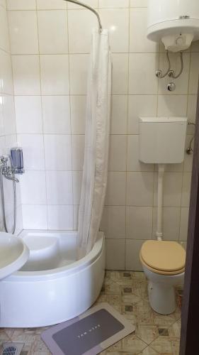 uma casa de banho com uma banheira, um WC e um lavatório. em Etno kuća Stara Frajla em Backi Petrovac