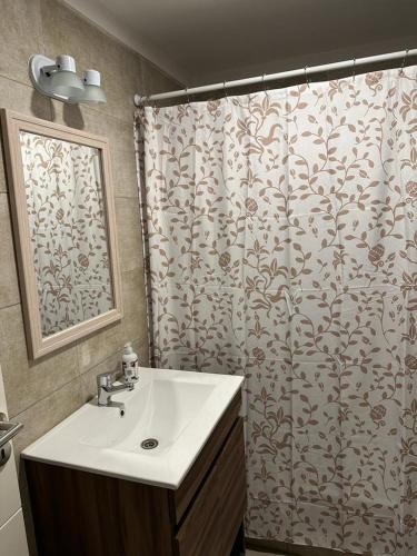a bathroom with a sink and a shower curtain at Departamento temporal de 1 dormitorio in Neuquén