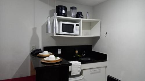 uma pequena cozinha com micro-ondas e pratos num balcão em Aconchegante Flat no Aldeia das Águas em Barra do Piraí