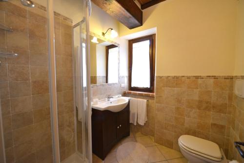 a bathroom with a sink and a shower and a toilet at Casa Cristina in Radicondoli