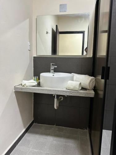 a bathroom with a sink and a mirror at LOS BAMBUES HOTEL in La Tinaja