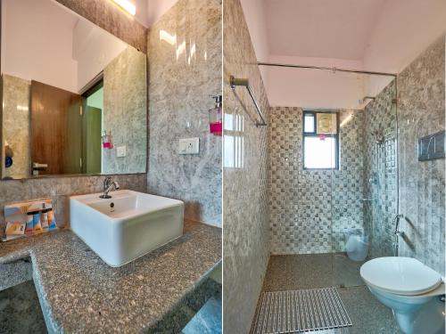 two images of a bathroom with a sink and a toilet at Luxury 4BHK Villa with Private Pool Near Candolim in Marmagao