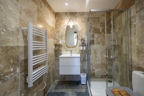 y baño con ducha, lavabo y espejo. en L'Emeraude - 1 à 4P - Wifi Fibre - Parking Gratuit, en Pont-d'Ain