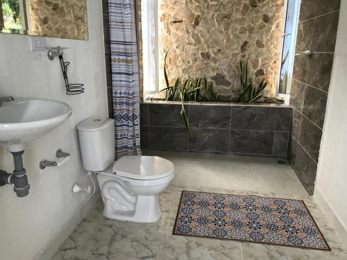 bagno con servizi igienici e lavandino di Casa Hotel el Encanto de Carmen 