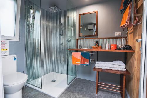 a bathroom with a shower and a toilet and a sink at Tiny House at the Moorings in Dunalley