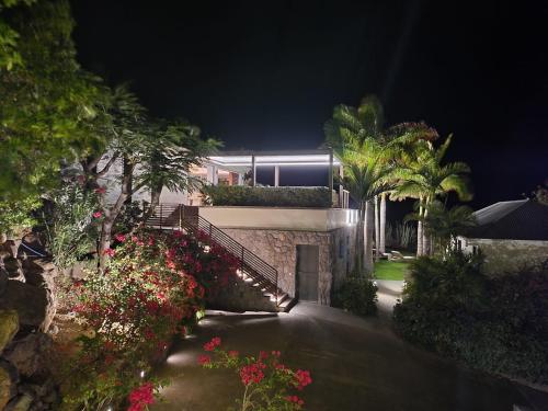 a house at night with flowers and plants at Villa Coco Rock in Saint Barthelemy