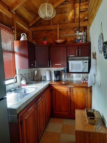a kitchen with wooden cabinets and a sink and microwave at Preciosa cabaña en Fraijanes in Fraijanes