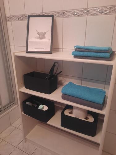 a bathroom shelf with towels and a picture of a cat at Fewo Lerchi am Nürburgring in Kelberg