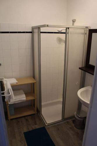 une salle de bain avec douche et lavabo dans l'établissement Appartement centre de Crozon - 5 min des plages, à Crozon