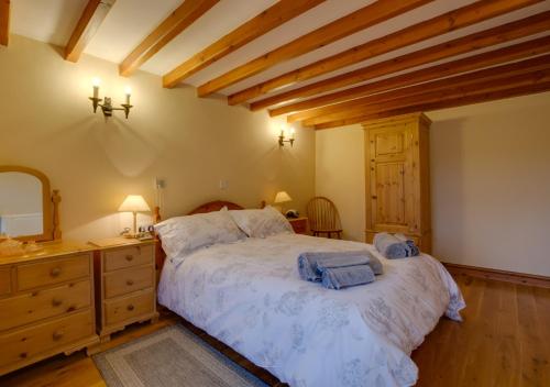 a bedroom with a bed with a dresser and a mirror at Carnedd Llywelyn in Llanrwst