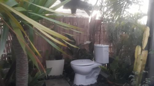 a toilet in a garden with some plants at kunci rumah in Sorongjukung