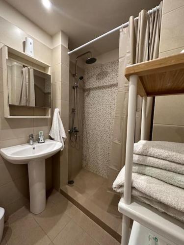 a small bathroom with a sink and a shower at Stay Thyme, 2 BRS apt, 5mins Nafplio, 10 mins beach in Nafplio