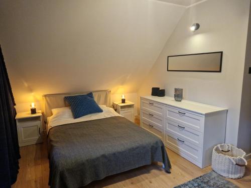 ein Schlafzimmer mit einem Bett mit einer Kommode und einem Spiegel in der Unterkunft Nowodworski in Nowy Dwór Gdański
