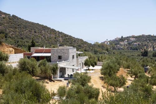 a house in the middle of a hill with trees at Enada Suite & Olive Farm in Gythio